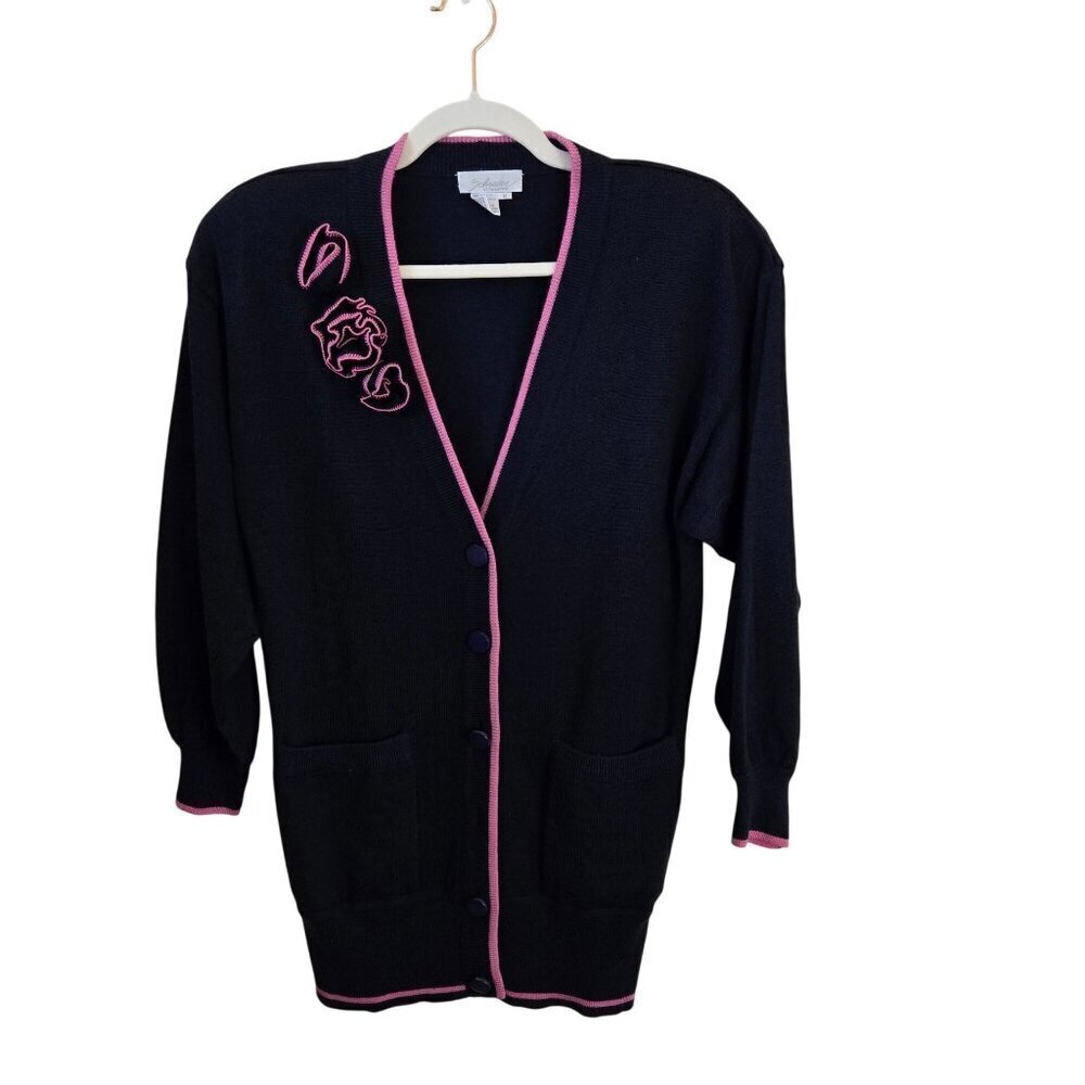 Vintage Schrader Navy Long Line V Neck Cardigan Sweater 3D Flower Unique Size M